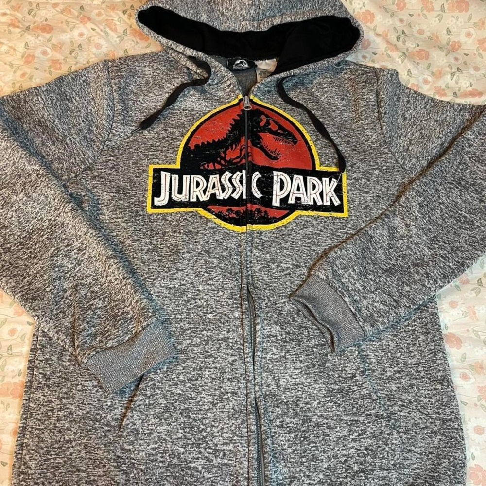 Jurassic Park Hoodie Men's Size M Gray Zip Up Sweatshirt Logo Graphic